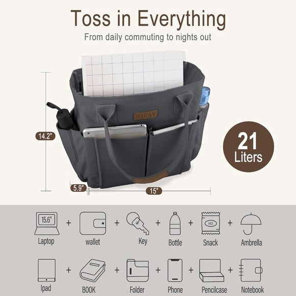 Women Grey Lattice Premium Large Utility Canvas Tote Bags with Pockets Zip Top - Picture 3 of 6